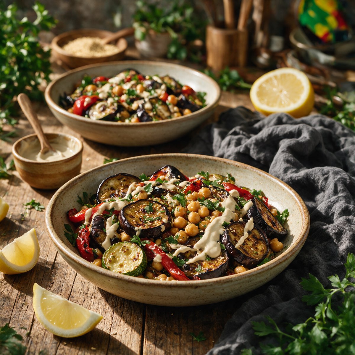 Veganes Grillgemüse mit Kichererbsen und Tahini-Dip
