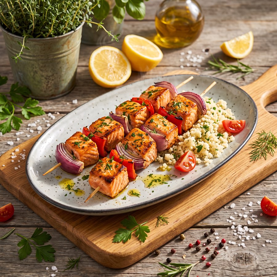Lachs-Spiesse auf rustikalem Holztisch