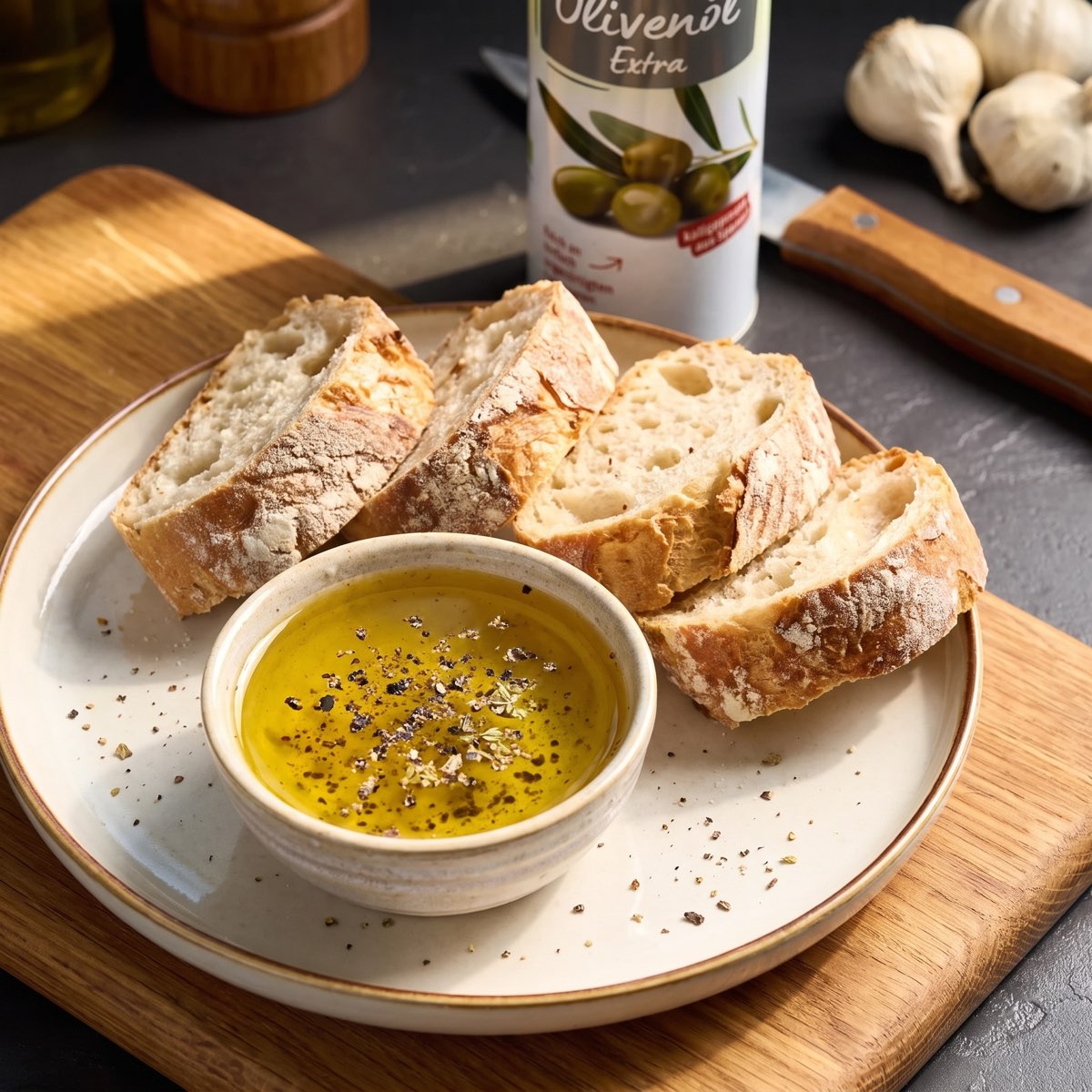 Brot mit Olivenöl, Pfeffer und Oregano